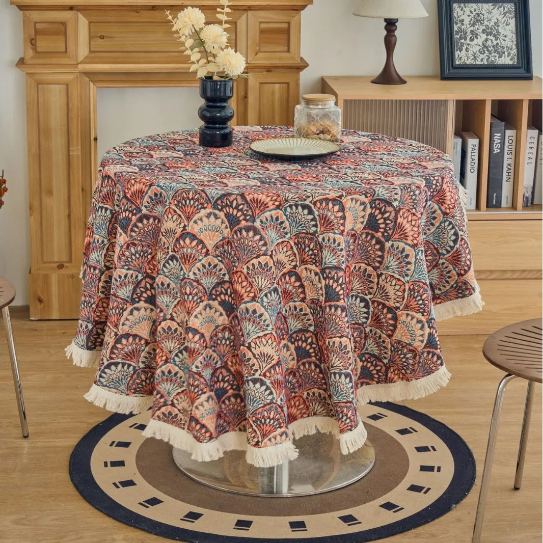Vintage Cotton Linen Blend Table Cover with Tassels