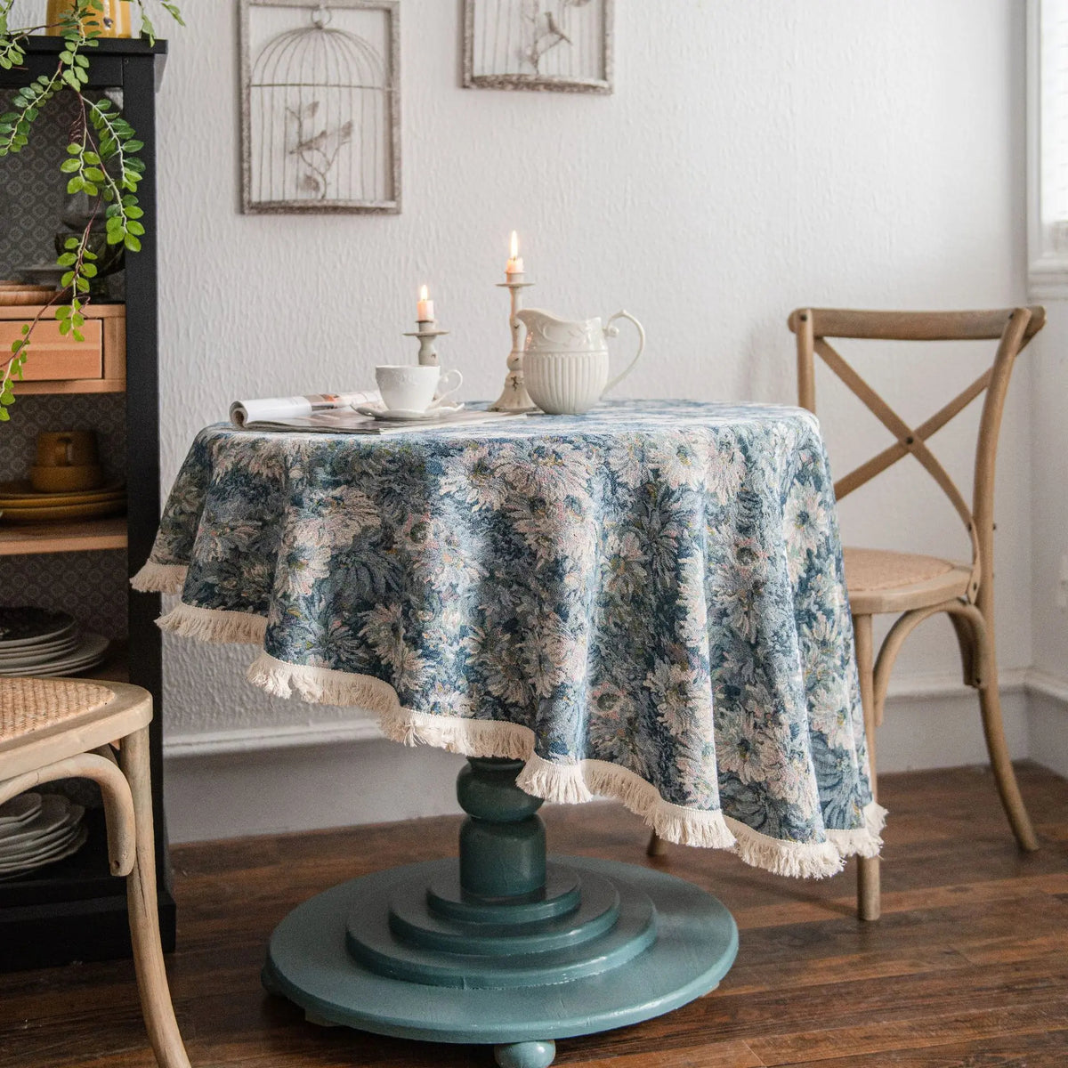 Vintage Cotton Linen Blend Table Cover with Tassels