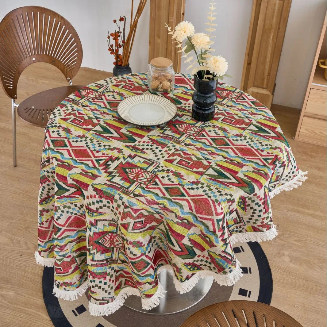 Vintage Cotton Linen Blend Table Cover with Tassels