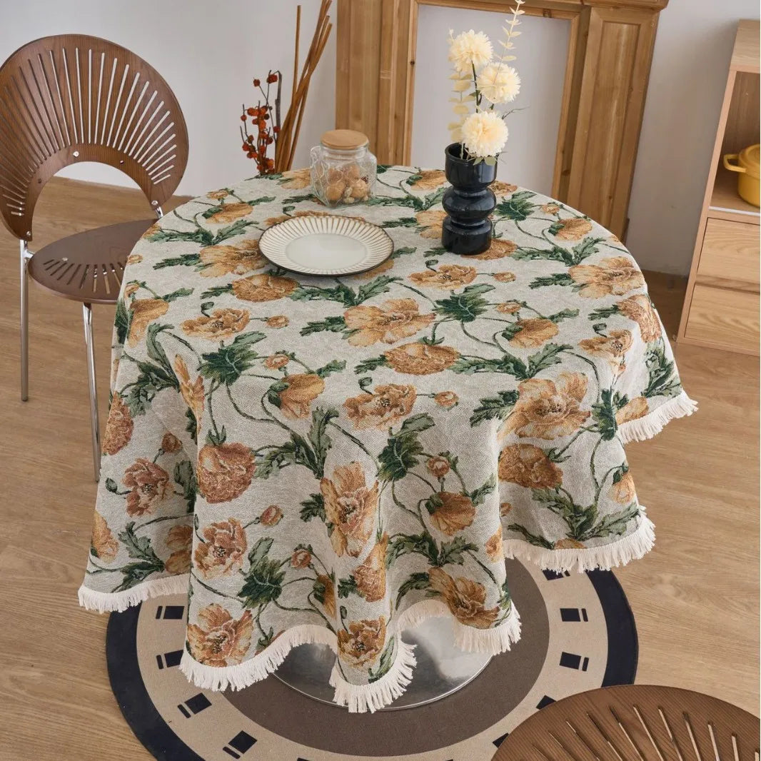 Vintage Cotton Linen Blend Table Cover with Tassels