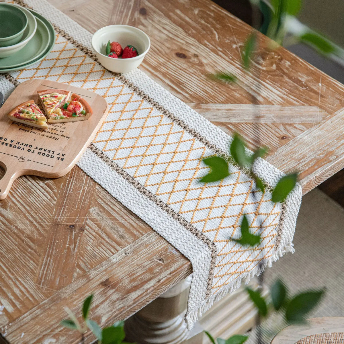 Jute & Cotton Woven Table Runner with Tassels – Striped Boho Wedding Table Decor