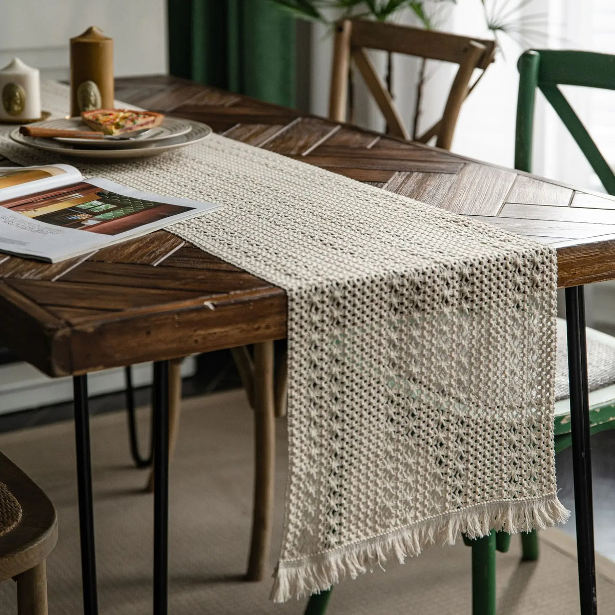 Jute & Cotton Woven Table Runner with Tassels – Striped Boho Wedding Table Decor