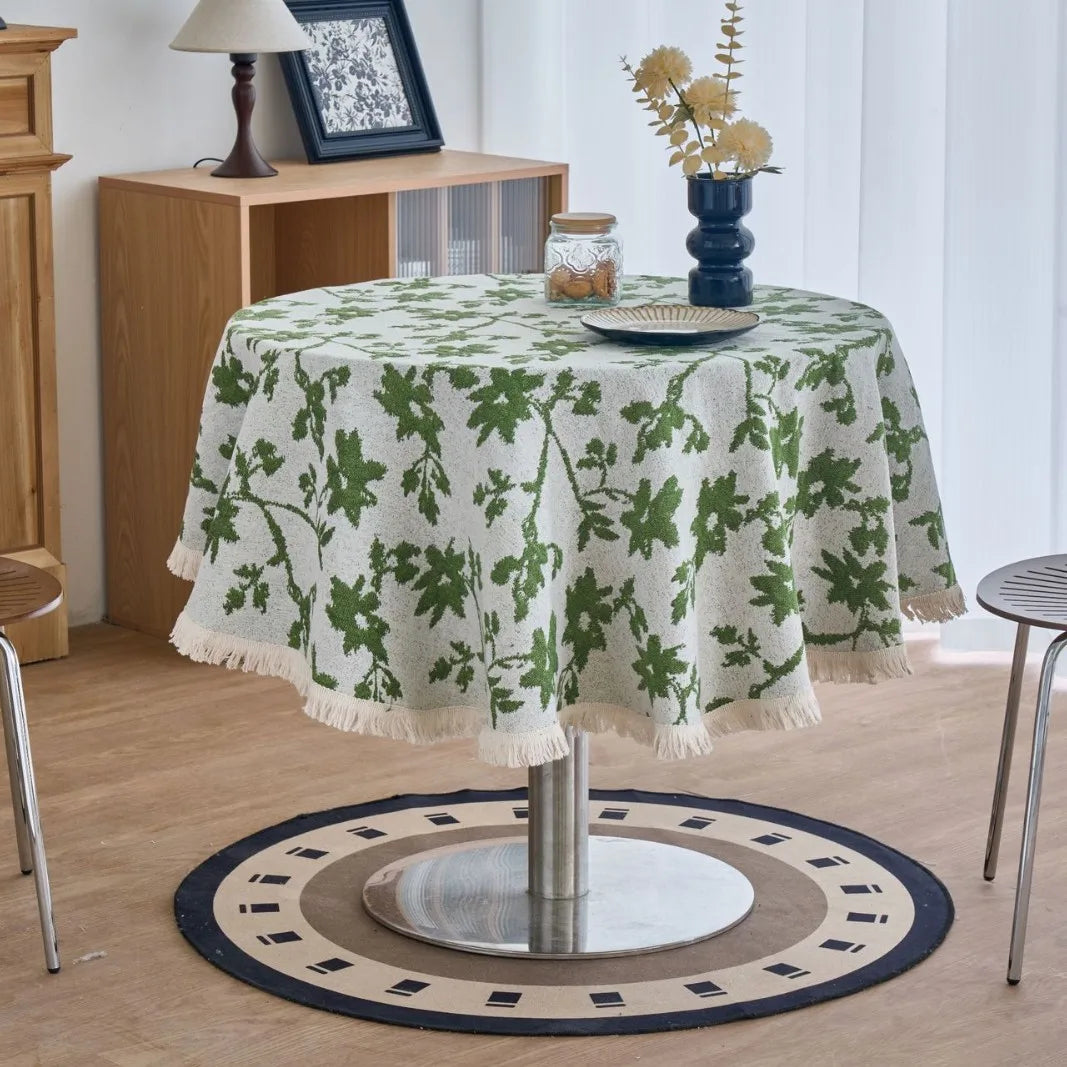 Vintage Cotton Linen Blend Table Cover with Tassels