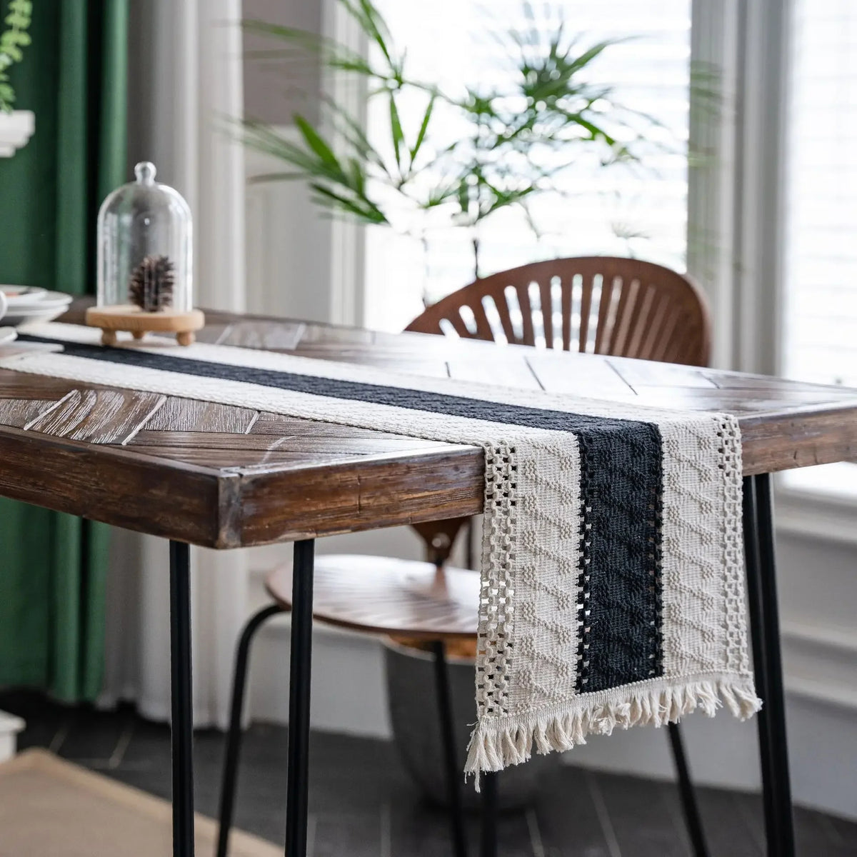 Jute & Cotton Woven Table Runner with Tassels – Striped Boho Wedding Table Decor
