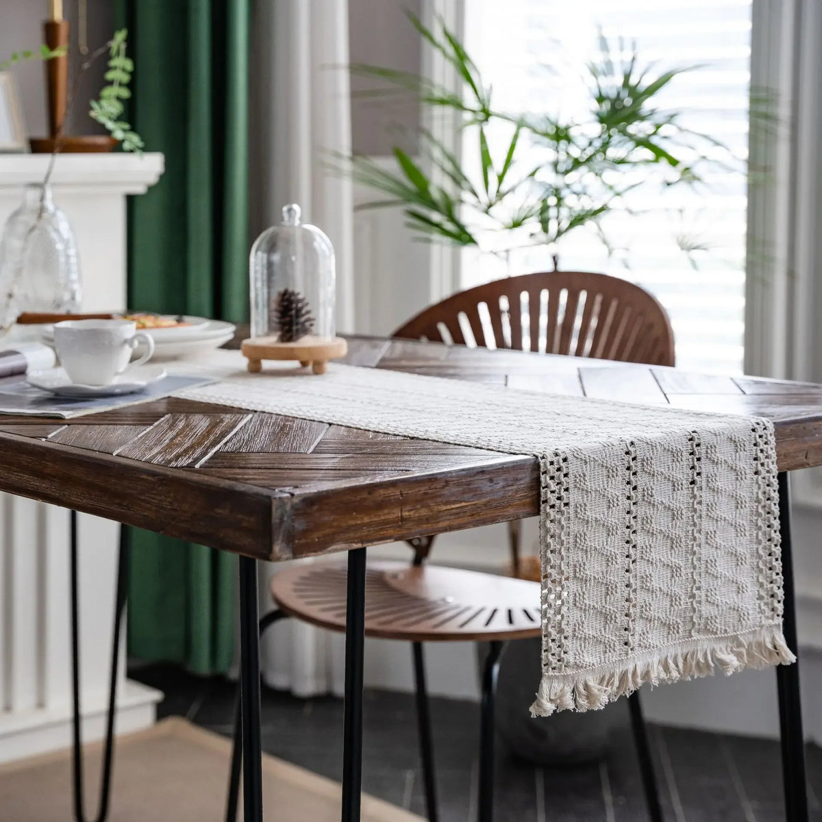 Jute & Cotton Woven Table Runner with Tassels – Striped Boho Wedding Table Decor