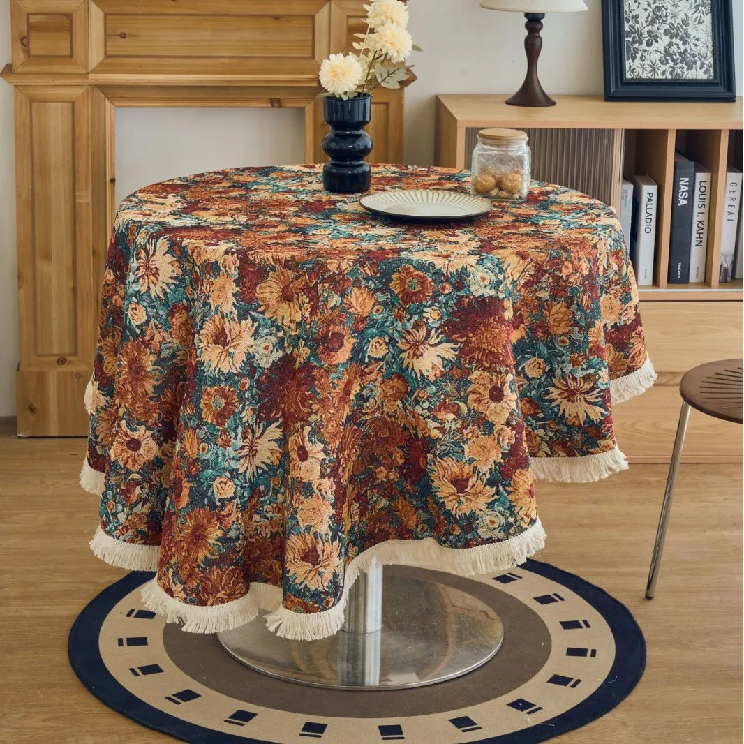 Vintage Cotton Linen Blend Table Cover with Tassels