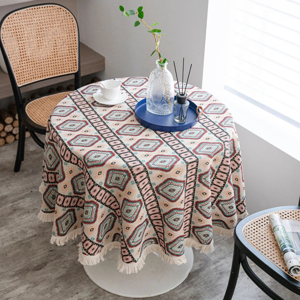 Vintage Cotton Linen Blend Table Cover with Tassels