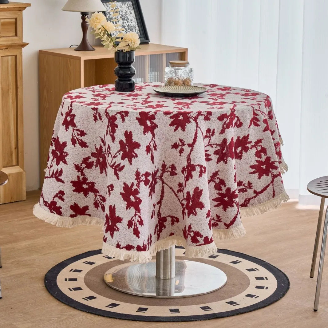Vintage Cotton Linen Blend Table Cover with Tassels