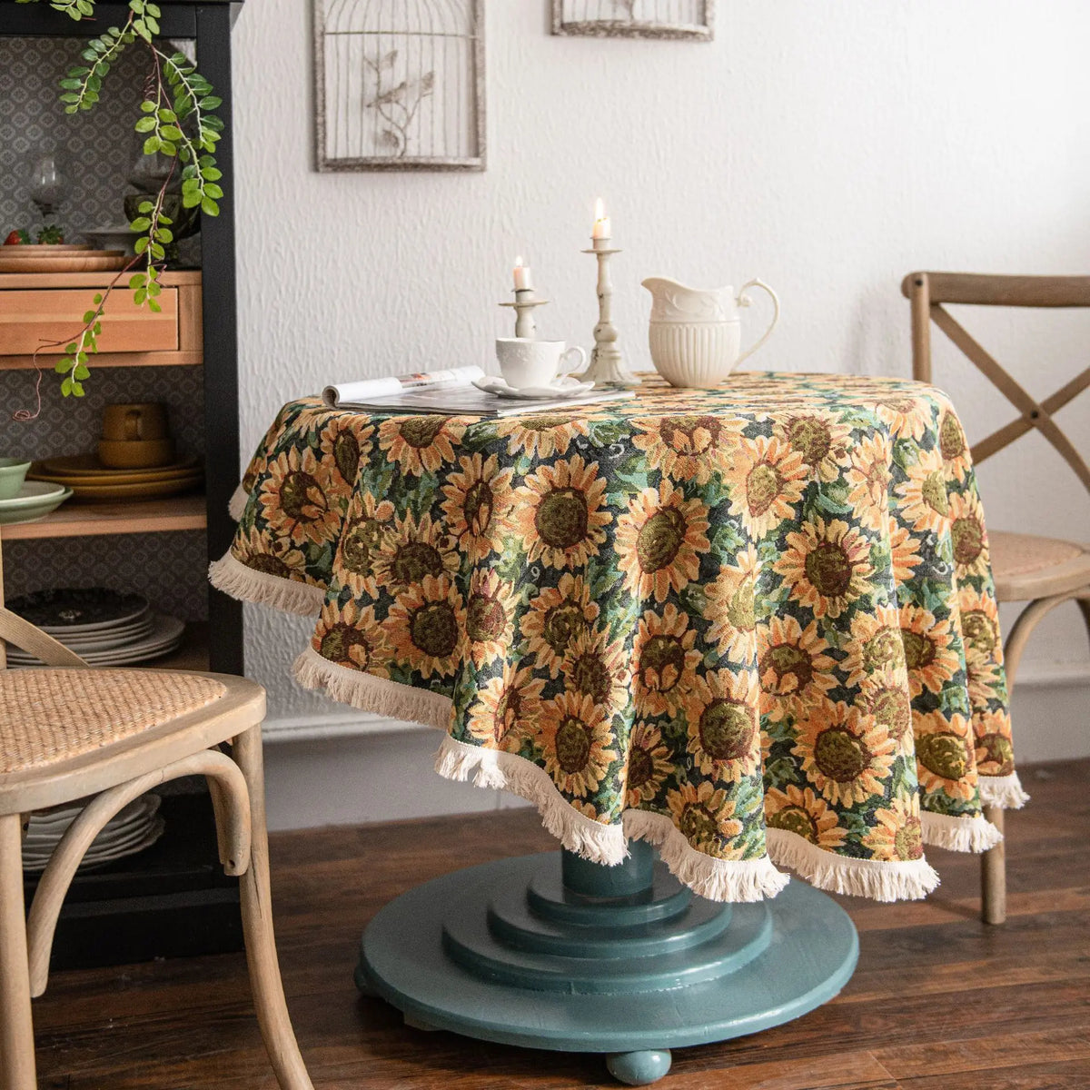 Vintage Cotton Linen Blend Table Cover with Tassels