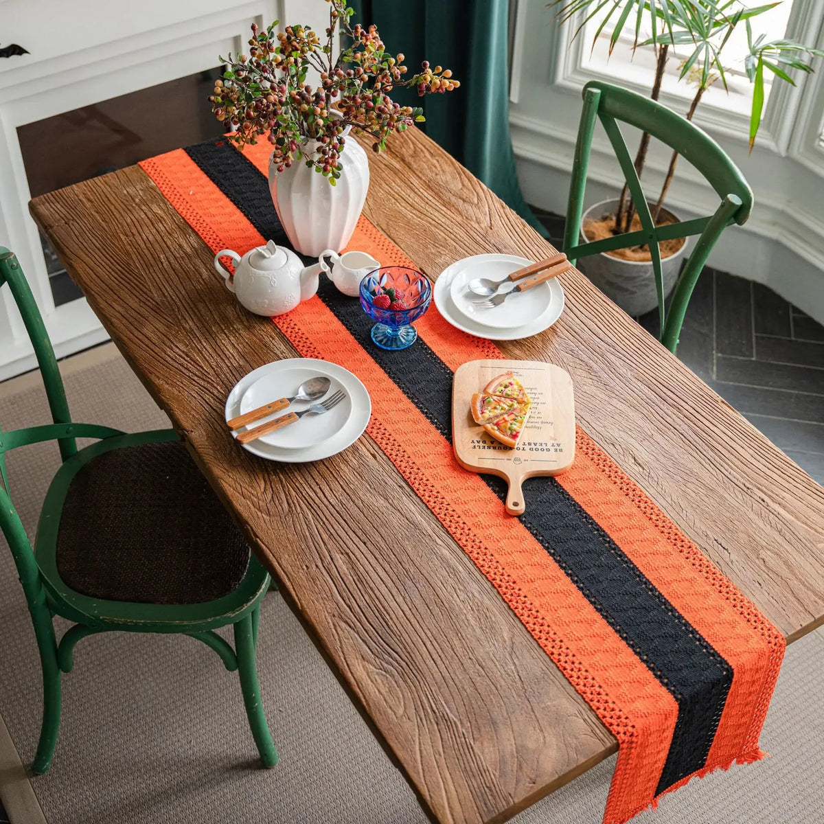 Jute & Cotton Woven Table Runner with Tassels – Striped Boho Wedding Table Decor