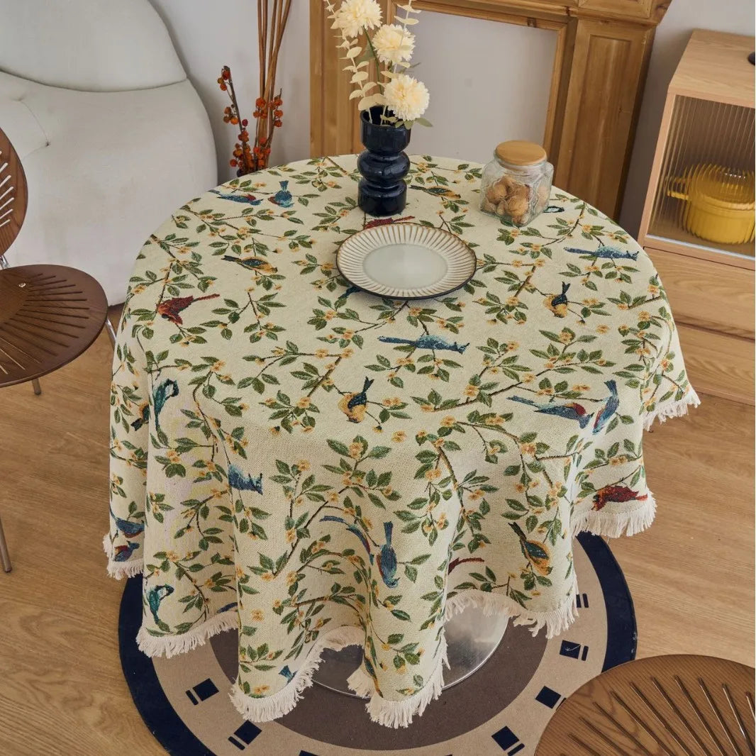 Vintage Cotton Linen Blend Table Cover with Tassels