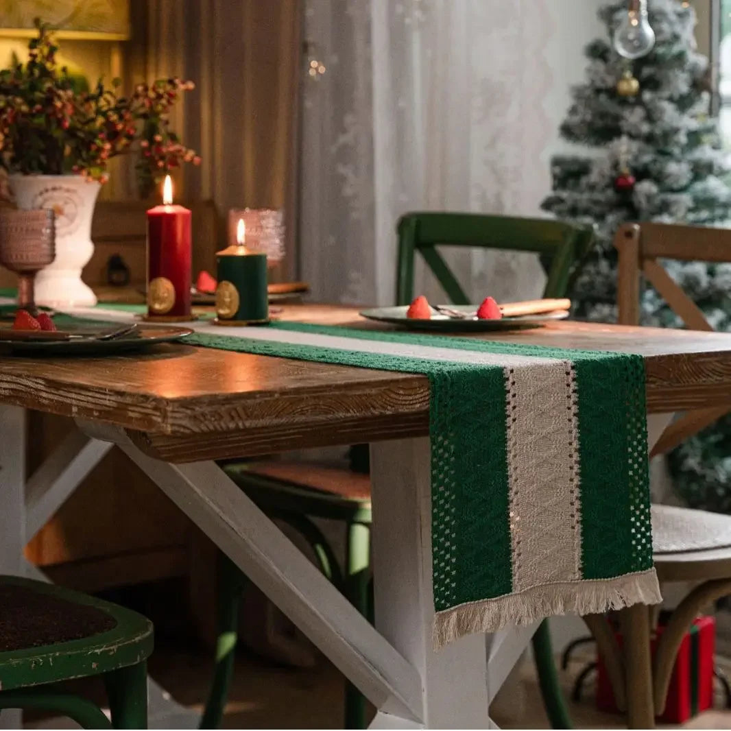 Jute & Cotton Woven Table Runner with Tassels – Striped Boho Wedding Table Decor